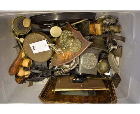 A rummage box of collectables to include a Britannic B.C. &amp; Co leather bound 3 drawer 15x telescope; Giuseppe Armani Flor