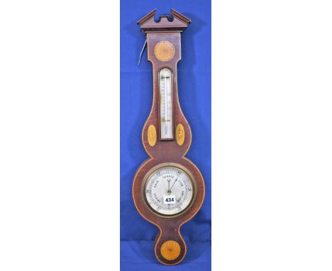 An Edwardian mahogany and marquetry inlaid aneroid barometer with silvered dial, signed Maine Jersey. 