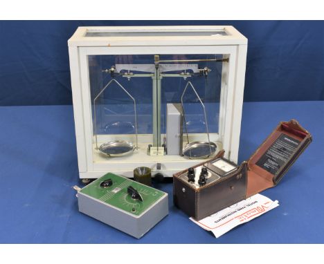 A set of vintage cased Gallenkamp laboratory scales with weights, together with cased soil meter &amp; other. (3)  