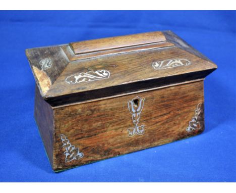 An antique English tea caddy sarcophagus form, having domed top, and exquisite mother of pearl inlay, double compartment, 9 1