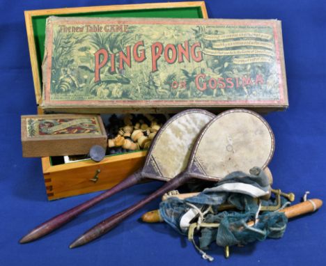 A vintage J. Jaques &amp; Son Ltd Ping Pong or Gossima table tennis game together with a chess and draughts set, contained in