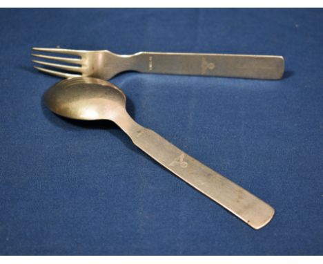 WWII German Army utensil mess set spoon &amp; fork each piece engraved to reverse with German eagle and ESM 41, the other T.W