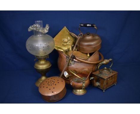 A collection of antique/vintage brass and copper to include a copper Christopher Dresser style square teapot/kettle; copper c