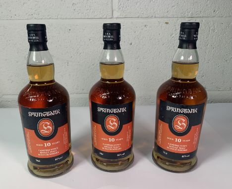 Three Springbank 10yr Campbeltown Single Malt Scotch Whiskies, 3 x 46% Vol, 3 x 700ml.
