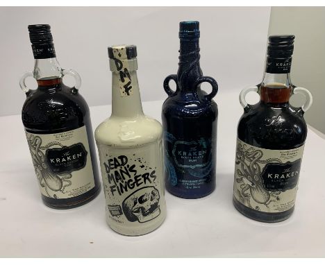 Two The Kraken Black Spiced Rums 1ltr/700ml, The Kraken Black Spiced Rum in a Ceramic Bottle 700ml, Dead Mans Fingers Coconut