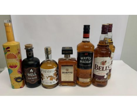 Honeybell Spiced Rum 700ml, Hell or High Water OX Rum 700ml, Disaronno Original 500ml, Two Bell's Blended Scotch Whiskeys 2 x