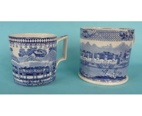 A blue printed mug depicting Jago, circa 1845, 88mm and another of an early indistinctly named locomotive pulling carriages o