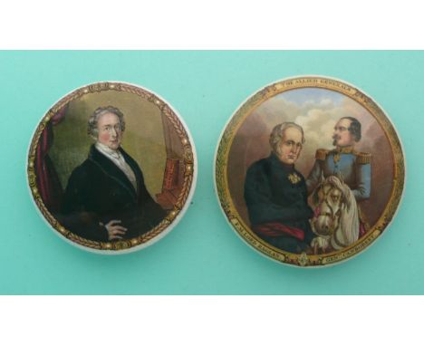 Sir Robert Peel (170) medium and Allied Generals (168) (2)(Staffordshire, pottery, pot lid, potlid, prattware, advertising).