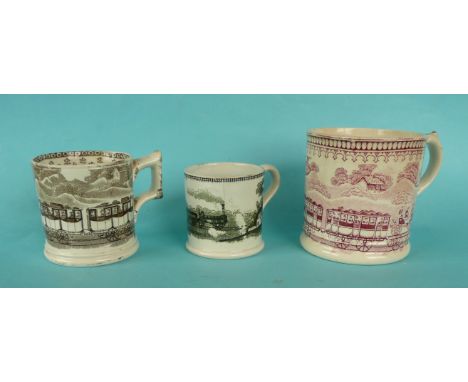 A brown printed cylindrical pottery mug depicting Fury, circa 1840, 87mm, another mug printed in black, hairline crack and a 