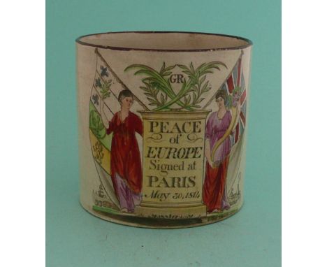 1814 Peace of Paris: a pearlware mug printed in gray and well decorated in colours, 106mm, hairline crack to base(commemorati