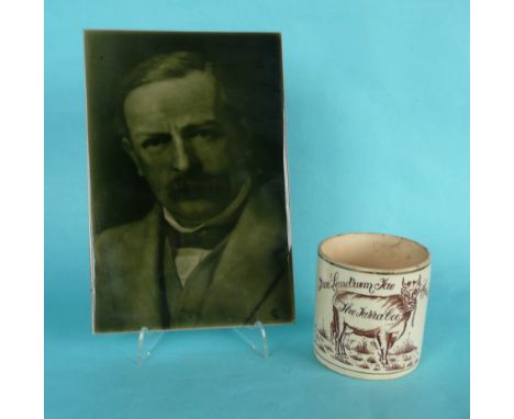 Lloyd George: a pottery mug printed in brown with a cow and inscribed in Gaelic, circa 1913, 83mm and a Cartlidge portrait ti