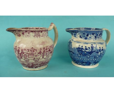 A rare pottery mug printed in puce with the locomotive William the Fourth pulling a rake of passenger filled wagons, circa 18