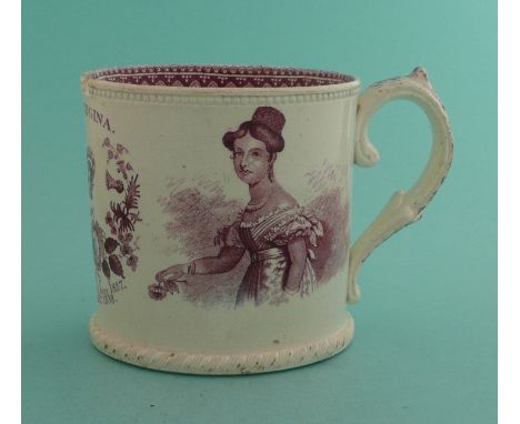 1838 Coronation: a potter mug by Read &amp; Clementson printed in puce with named portraits of Victoria and Duchess of Kent, 