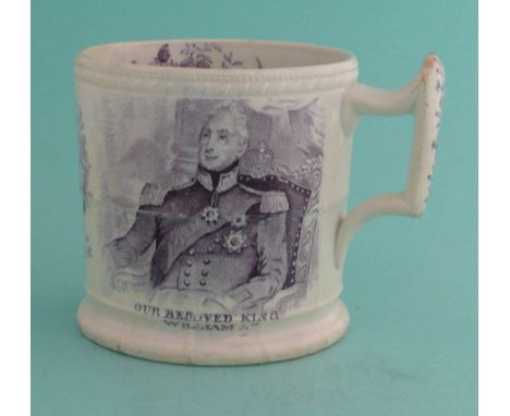 1831 Coronation: a mug by Godwin Bridgwood Harris printed in purple with named portraits, 90mm(commemorative, pottery, royal,