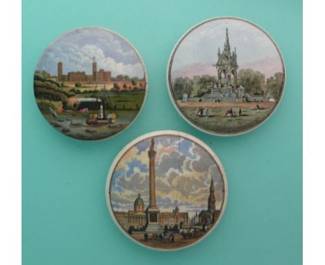 Osborne House (182) medium, Trafalgar Square (201) cracked and Albert Memorial (190)(Staffordshire, pottery, pot lid, potlid,