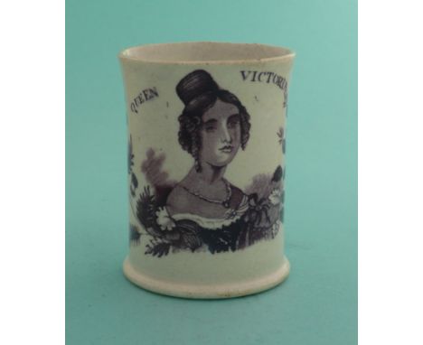 1837/38 Victoria: a small Swansea pottery mug printed in purple with a named portrait, 78mm(commemorative, pottery, royal, ro