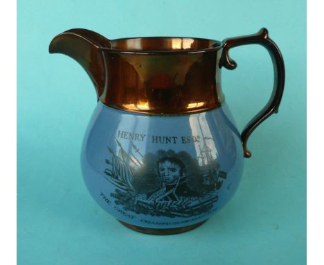 Henry Hunt: a copper lustre jug banded in blue and printed in black with a named portrait in naval uniform centring maritime 