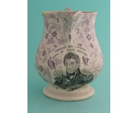 2831 Coronation: an unusual pottery mug printed in black with a named portrait upon a mauve printed reserve of birds and foli