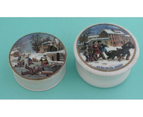 Dangerous Skating (249) and Alas, Poor Bruin (1) both with bases (4)(Staffordshire, pottery, pot lid, potlid, prattware, adve