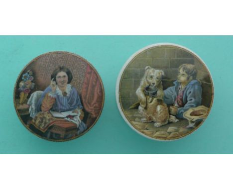 Lady Reading Book (105) and The Begging Dog (270) both with bases (4)(Staffordshire, pottery, pot lid, potlid, prattware, adv