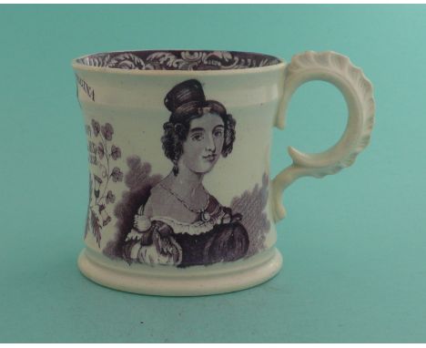 1838 Coronation: a Swansea pottery mug printed in purple with named and dated portraits, 89mm, restored(commemorative, potter