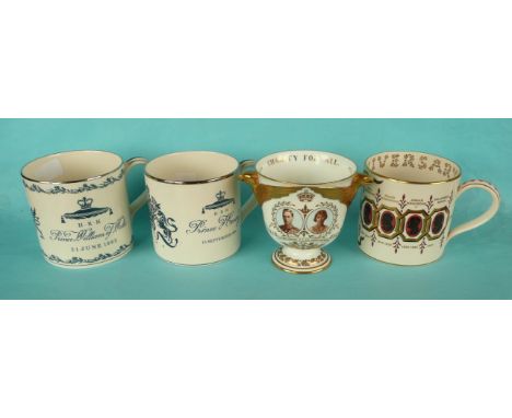 A Royal Crown Derby cup set with twin eagle handles, printed with portraits and inscribed for the visit to America by George 