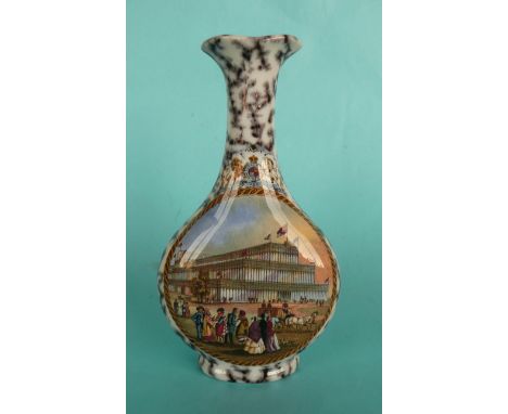 A black mottled ground Princess Christian vase: Exhibition Buildings 1851 (134) neck repaired(Staffordshire, pottery, pot lid