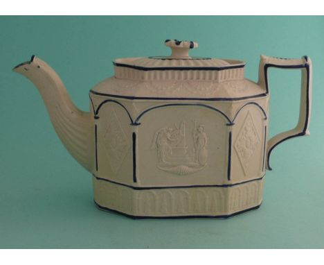 1805 Nelson in Memoriam: a Castleford type teapot and cover, the octagonal body moulded with panels and lined in blue, 140mm,