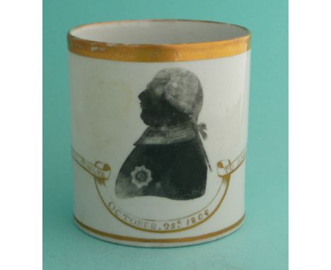 1809 George III Jubilee Year: an English porcelain cylindrical mug with black printed silhouette, inscribed and dated in gilt
