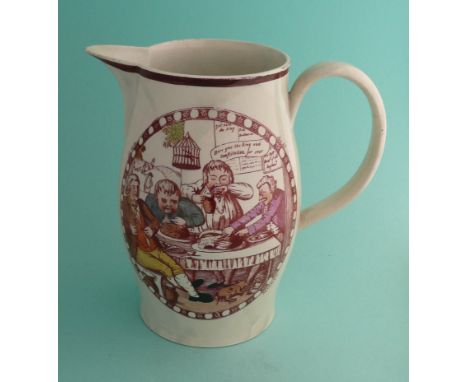 French Revolution Propaganda: a rare and amusing pearlware jug printed in brown and decorated in colours with scenes entitled
