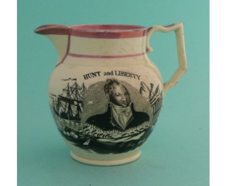 16th August 1819 Peterloo Massacre: a pink lustre banded small jug printed in black with a named portrait and on the reverse 