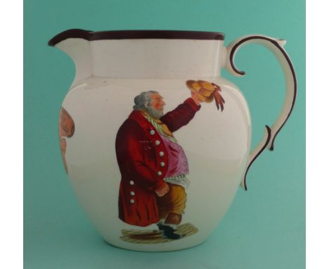 1807 Lord Milton and Orange Jumper: a Don Pottery jug printed in brown and decorated in bright colours with a man holding alo