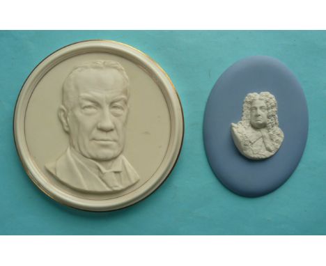 A Royal Worcester circular plaque moulded with a head, inscribed on the reverse, circa 1937, 156mm and a 20th century Wedgwoo