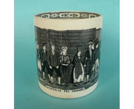 A Norwegian pottery mug printed in black with a wedding party scene, printed mark for Egersunds Fayance Fabriks Co, circa 189
