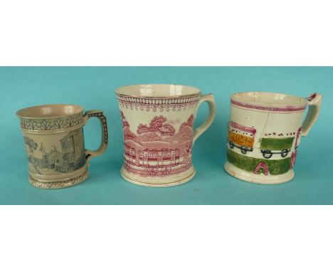 A stoneware mug by Pearson and Co of Chesterfield, circa 1880, 91mm. a pink printed waisted mug depicting Wooda, circa 1870 a