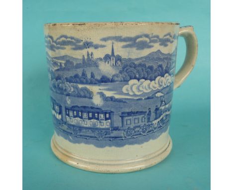 A cylindrical pottery mug printed in blue with the locomotive Nero pulling carriages in a country setting, circa 1835, 128mm(