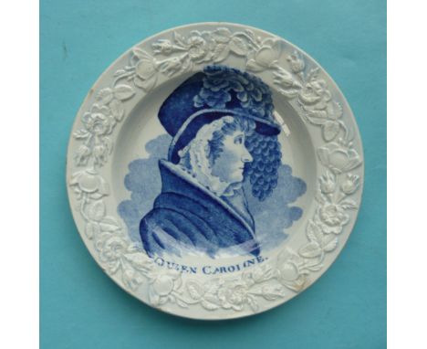 Queen Caroline: a good pearlware nursery plate of small size printed with a named portrait in blue, 122mm, circa 1820(commemo
