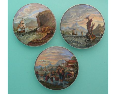 Chin-Chew River (218) Ning Po River (222) and Transplanting Rice (332) (3)(Staffordshire, pottery, pot lid, potlid, prattware
