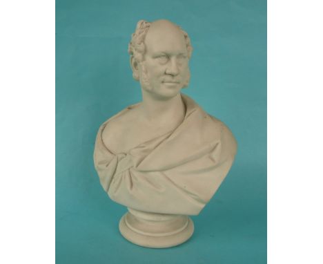 A white parian portrait bust depicting William Darjan after E. Jones, the reverse inscribed, circa 1860, 216mm(Staffordshire,