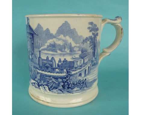 A cylindrical pottery mug printed in blue with a locomotive named Caledonia, a ship under sail and a building affixed with a 