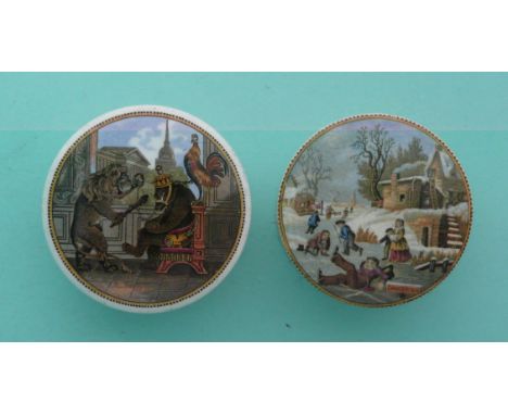 Bear Lion and Cock (19) and Dangerous Skating (249) both with bases (4)(Staffordshire, pottery, pot lid, potlid, prattware, a
