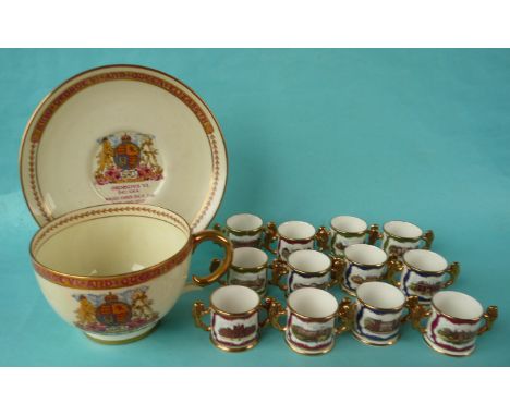 A large Paragon breakfast cup and saucer for 1937 coronation and a miniature set of twelve Paragon loving cups ‘Royal Birth P