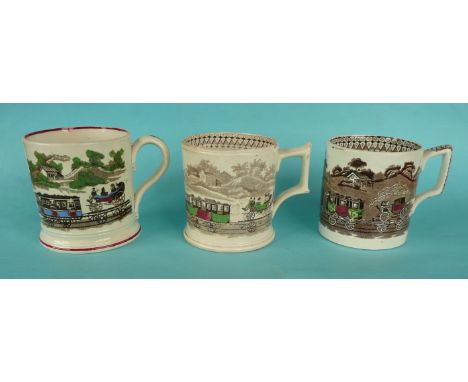 A brown printed cylindrical pottery mug with colour decoration depicting Deakin, circa 1840, 108mm and two others similar Fur