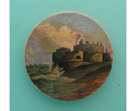 Sandown Castle, Kent (44) stained(Staffordshire, pottery, pot lid, potlid, prattware, advertising).