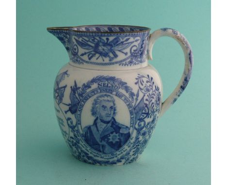 1805 Nelson in Memoriam: a good pearlware jug printed all over in blue with named portrait and view of Victory centred by an 