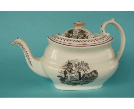 1827 Duke of York in Memoriam: a pink lustre decorated porcelain teapot and cover printed in black with inscribed tombs, foot