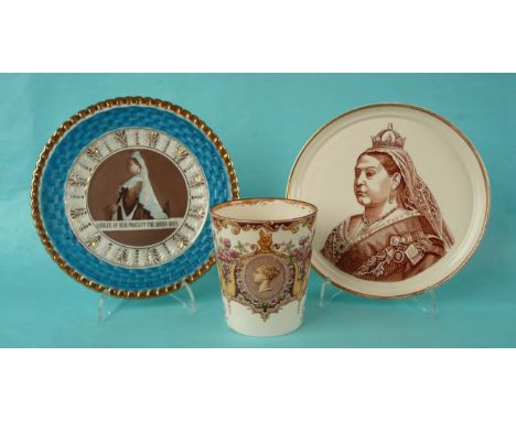 1887 Jubilee: a circular potter teapot stand printed in brown with a portrait, a German porcelain side plate and a Doulton Bu