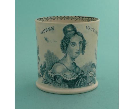 1837/38 Victoria: a small Staffordshire pottery mug printed in green with a named portrait, 66mm(commemorative, pottery, roya