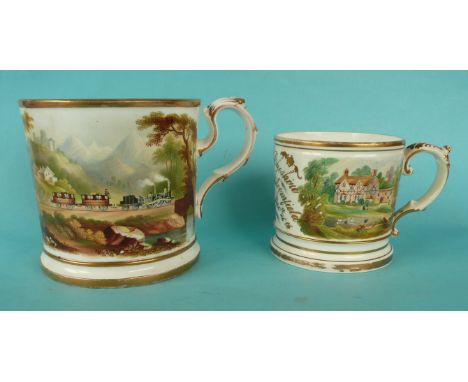 An English porcelain mug painted with an early locomotive scene inscribed on the reverse in gilt with presentation dated 1857