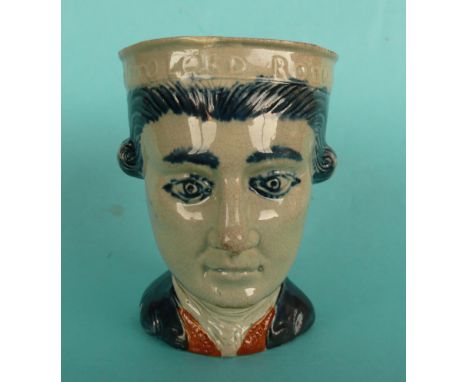 Lord Rodney: a small Prattware maskhead mug with moulded inscription around the head band, the underside incised ’Custeast’, 